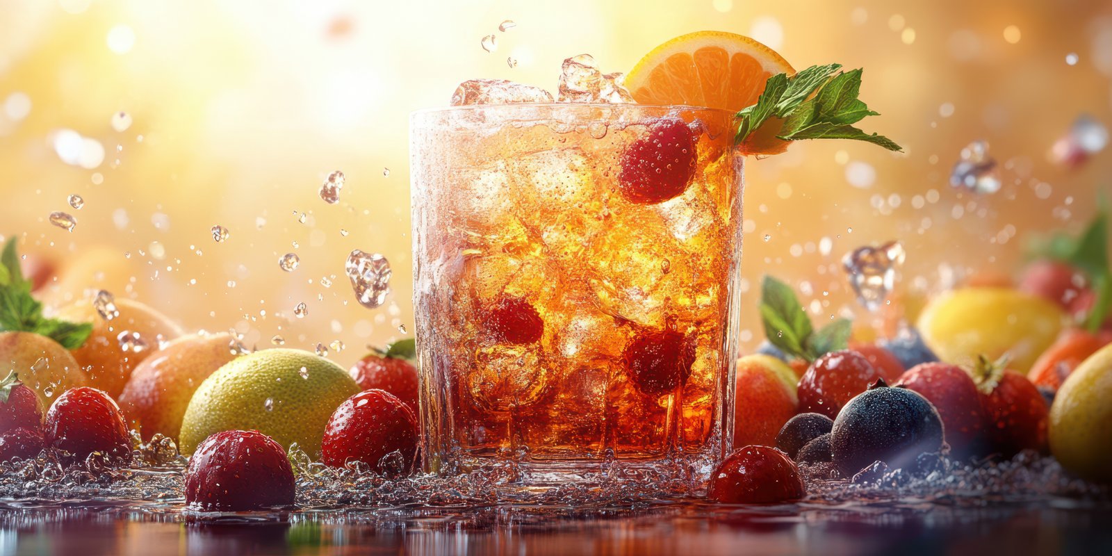Refreshing summer drink with colorful fruits and ice served in a clear glass on a bright background